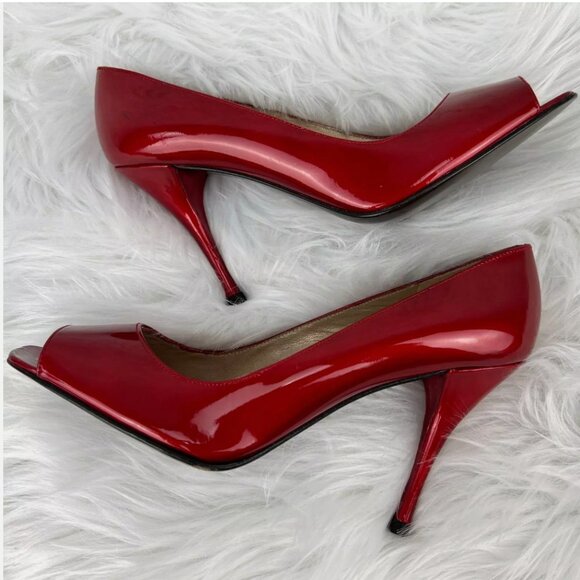 Stuart Weitzman Cherry Red Heels Pumps Patent Leather Open Toe 4" Valentines Day - Picture 5 of 16